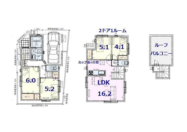【間取り】 | 上北沢4丁目　新築戸建 | 駅徒歩２分♪角地で解放感ある二階建て４LDK＋P！ルーフバルコニー付きです。２ドア１ルームで9.2帖の広々主寝室も実現可能！キッチンにはカップボードも完備！スーパーも小学校もお近くです♪