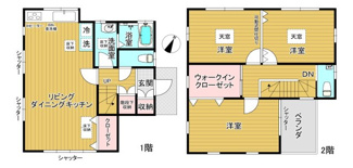 【間取り】 | 鎌ヶ谷市軽井沢戸建 | ウォークインクローゼット付きの3LDK！2階洋室はつなげても利用可能！