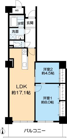 ヴィエント西宮（フレンテ西館）の間取り|2LDK、価格5980万円、専有面積70.17㎡、バルコニー面積12.95㎡