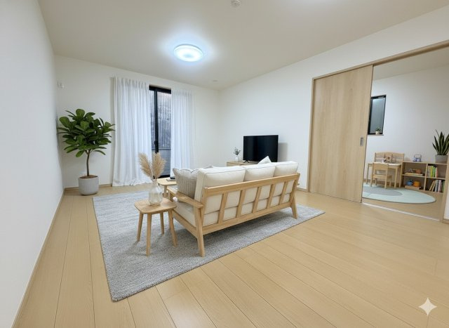 三郷市戸ケ崎3丁目　新築戸建　全1棟の居間・リビング|現況の物件写真にCGによる画像処理を行っています。家具、家電、小物、カーテン等はイメージはCGです。