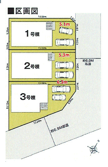 青梅市大門2丁目　新築戸建全3棟の区画図