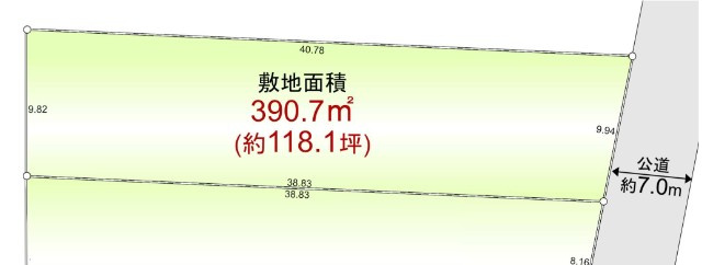 敷地面積118坪　売地　川越市鴨田の土地図|区画図　建築条件なし！土地面積広々118坪！並列駐車可能！平屋建築やゆとりある二世帯住宅など、多様なプランに対応できます♪