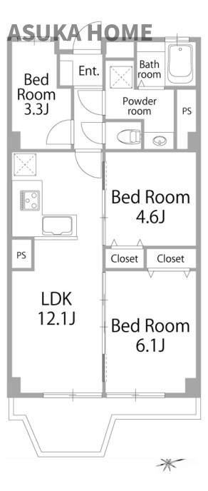 高島台センチュリーマンションの間取り|8階部分なので眺望・陽当たりが良好なお部屋です。フルリノベーション済の3LDKの間取りです。