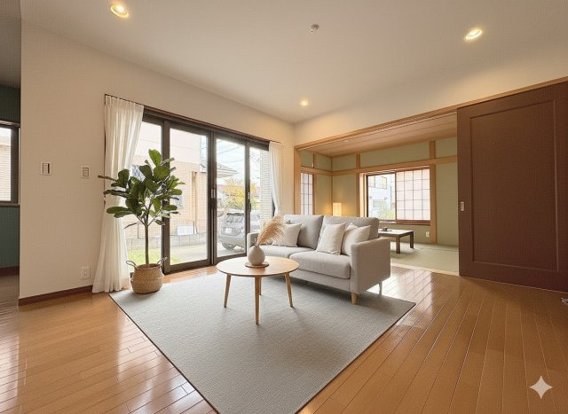 三郷市戸ケ崎5丁目　中古戸建の居間・リビング|現況の物件写真にCGによる画像処理を行っています。家具、家電、小物、カーテン等はイメージはCGです。