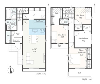 【間取り】 | 伊勢原市高森2丁目  1号棟 第3 | 都市ガス　網戸標準仕様　シャッター2箇所付　食洗器・浄水器　カップボード　浴室乾燥機　宅配BOX付機能門柱　各部屋収納　LDK17帖