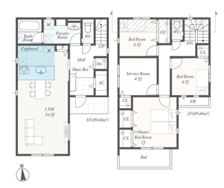 【間取り】 | 伊勢原市高森2丁目  2号棟 第3 | 都市ガス　網戸標準仕様　シャッター1箇所付　食洗器・浄水器　カップボード　浴室乾燥機　宅配BOX付機能門柱　各部屋収納　LDK16.8帖