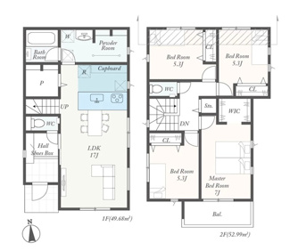 【間取り】 | 伊勢原市高森2丁目  3号棟 第3 | 都市ガス　網戸標準仕様　シャッター2箇所付　食洗器・浄水器　カップボード　浴室乾燥機　室内物干し　宅配BOX付機能門柱　全居室収納　LDK17帖
