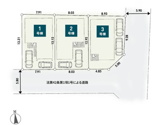 【区画図】 | 伊勢原市高森2丁目  3号棟 第3 | 3号棟　南東角地　南側約5.8ｍ・東側約5.9ｍ各公道　駐車2台（車種によります）　敷地面積31.6坪