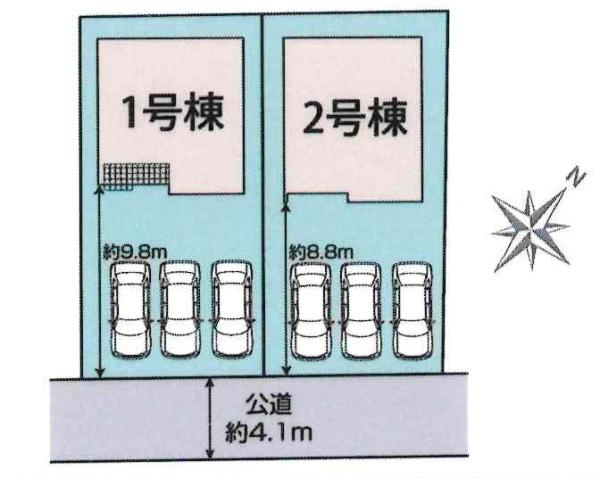 豊田市高岡本町南　全2棟・1号棟の区画図