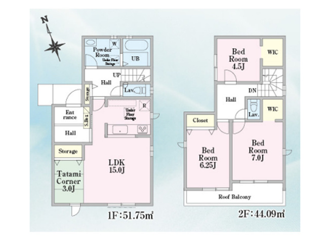 【間取り】 | 朝霞市根岸台7丁目　新築一戸建住宅　全5棟（朝霞店） | WIC2か所！収納スペースが充実した機能的な3LDK
リビング横の畳コーナーは家族団らんの時間をより豊かにしてくれる空間です。
