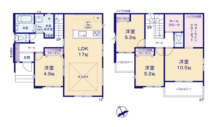 ケイアイフィット　日立市東町　3期 　2の間取り|　
☆全室明るい南向き、二面採光です。収納スペースは全室+2階ホールにも配備しました。LDK、1階洋室は2WAY出入り口、段差のないオールフローリングです。
