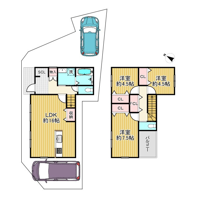 亀岡市千代川町今津2丁目の参考プラン|【1号地】建物参考プラン
延べ床面積：86.94㎡（約26.29坪）
1階：45.12㎡（約13.64坪）2階：41.40㎡（約12.52坪）