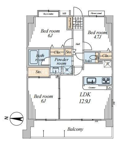 プライムコート川口北原台の間取り|３ＬＤＫ、専有面積63.51㎡、LDK12.9帖