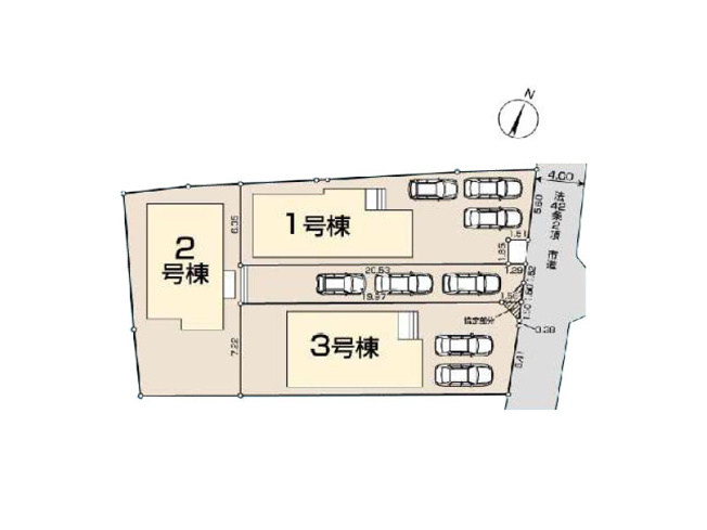 【区画図】 | 川越市寺尾　新築一戸建住宅　全3棟　(ふじみ野店) | 3号棟/並列2台駐車可能な広々とした敷地です。1台ずつの出し入れもしやすく安心。図面を基に作成しています。現況と異なる場合は現況を優先いたします。