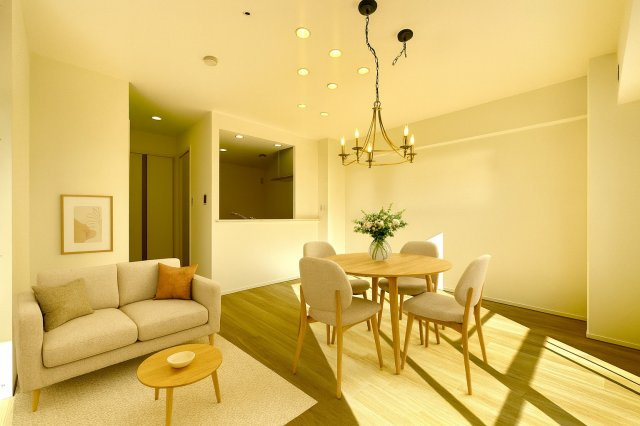 シャルム東川口壱番館の居間・リビング|落ち着いた品格ある内装と広々としたゆとりの空間が融合したリビングは、家族の安らぎの場となり、食事や団らんの時間を一層豊かに彩ります。※AIによるCG画像加工を行っています。