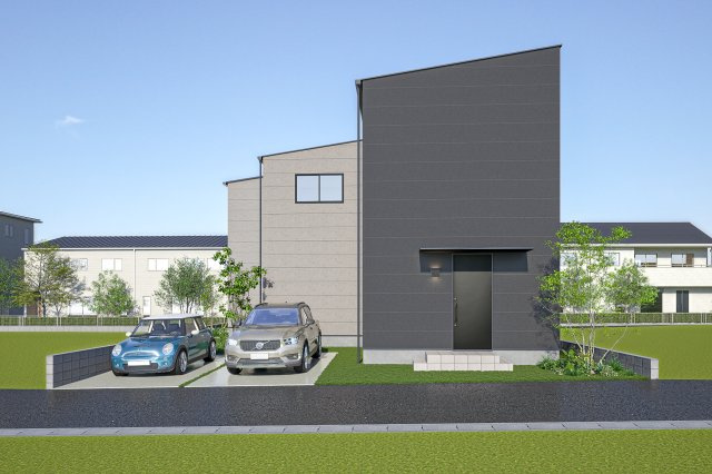 新築戸建　富士市石坂2期　全２棟の外観パース|並列駐車２台可能です。

※外構・植栽は参考となります
※パースはイメージです