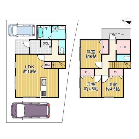 亀岡市千代川町今津2丁目の参考プラン|【8号地】建物参考プラン
延べ床面積：89.44㎡（約27.06坪）
1階：43.89㎡（約13.27坪）2階：45.55㎡（約13.77坪）