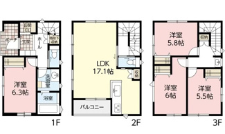 【間取り】 | 安佐南区八木3（梅林駅徒歩3分！）【P3台可！】限定1棟 | 17帖リビング☆ファミリータイプ4LDK☆各居室に収納☆2階リビング☆都市型3階建て☆