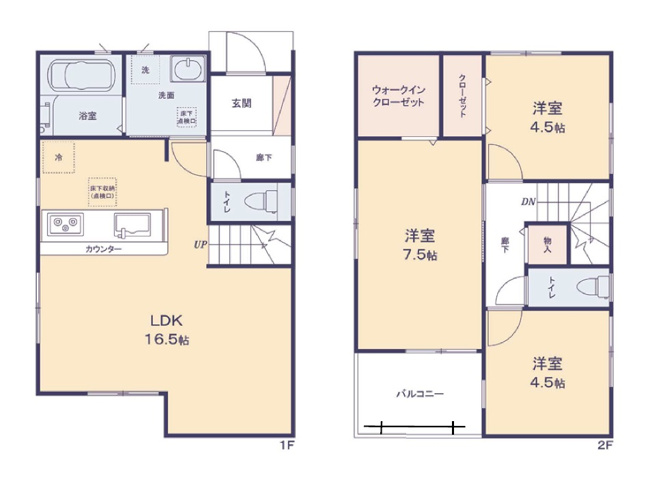 【間取り】 | 新座市野火止3丁目　新築一戸建住宅　全1棟　(志木本店) | 南東向きの3LDK。リビングとダイニングが緩やかに分かれるLDKは、くつろぐ場所と食事をする場所が自然と分かれるのでメリハリのある住空間となります。
