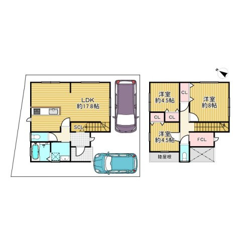 亀岡市千代川町今津2丁目の参考プラン|【12号地】建物参考プラン
延べ床面積：88.61㎡（約26.80坪）
1階：45.55㎡（約13.77坪）2階：43.06㎡（約13.02坪）