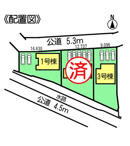 リナージュ常滑市小倉町8丁目第一期　3号棟の区画図|○●区画図●○
全3棟の3号棟になります。南側に広いお庭があり、陽当り良好♪