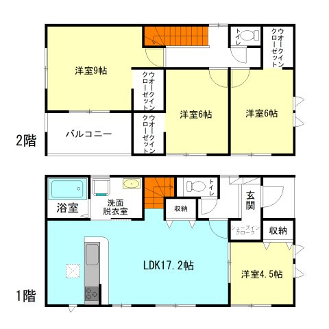 【間取り】 | アーバンスタイル前橋市元総社町1期ー① | 開放的な角地に面した敷地に建つ全居室南向き！
ウォークインクローゼット3ヵ所に完備！