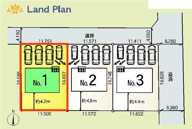 【区画図】 | 新築　太田市大原町第８　クレイドルガーデン　１号棟 | 1号棟　区画図　北側接道幅員約4ｍ			
	
