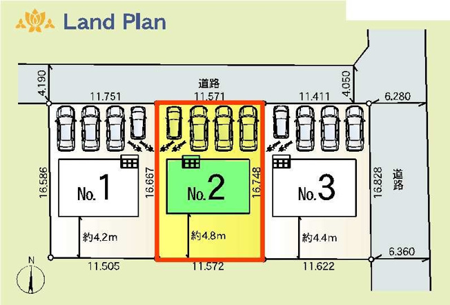 【区画図】 | 新築　太田市大原町第８　クレイドルガーデン　2号棟 | 2号棟　区画図　北側接道幅員約4ｍ			
	

