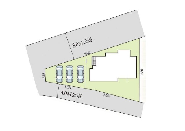 新築　太田市亀岡町3期　GRAFARE　１号棟の区画図|1号棟　区画図　北側接道幅員約8ｍ　南側接道幅員約4ｍ			
	
			
	
