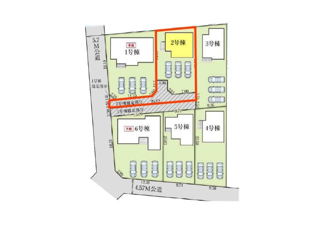新築　太田市新田上江田町　GRAFARE　2号棟の区画図|2号棟　区画図　西側接道幅員約5.7ｍ			
	
