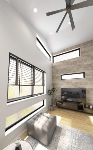 練馬区早宮1丁目 限定1棟の完成予想図|17.3帖のLDKは多面開口+勾配天井の明るく快適な家族団らんスペースです
意匠性と実用性を兼ね備えたシーリングファンを施してます
