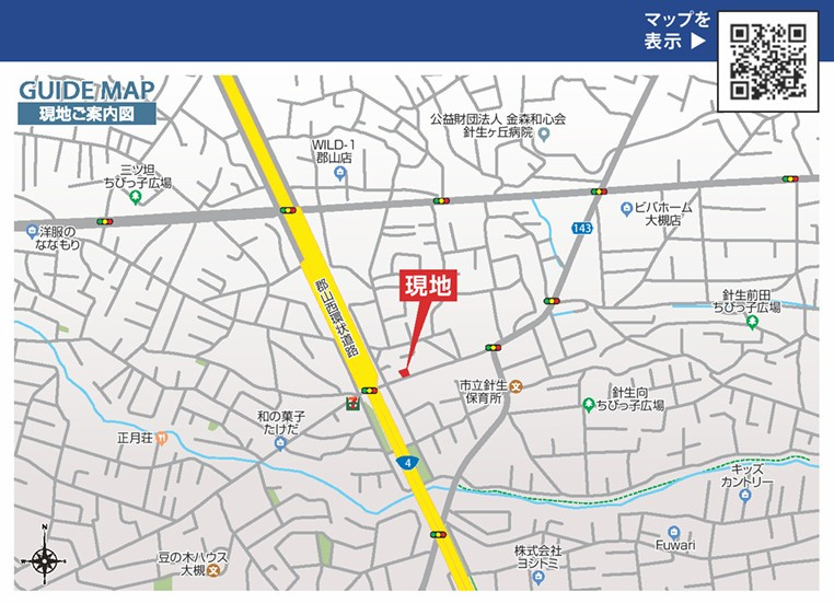 郡山市大槻町字針生　　　1号棟　　　開成小学校、郡山１中学区の地図|拡大案内図