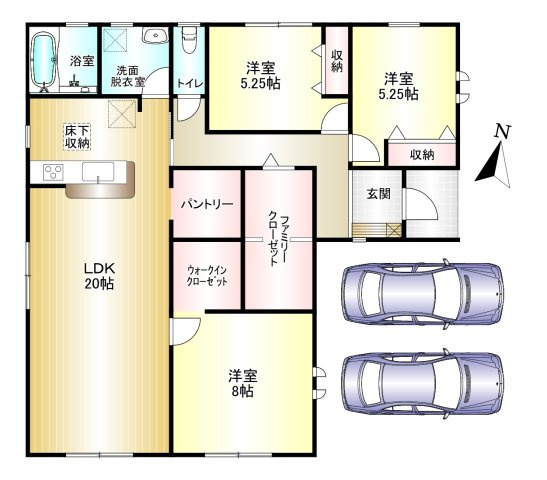 北葛城郡広陵町萱野3期の間取り|3LDK＋WIC　土地面積：181.44㎡　建物面積：96.88㎡　駐車スペース2台