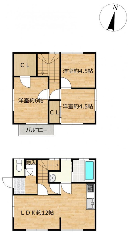 住吉　売中古住宅の間取り|1階LDK,水回り、2階3部屋の３LDKの使いやすいコンパクトな間取りになります。