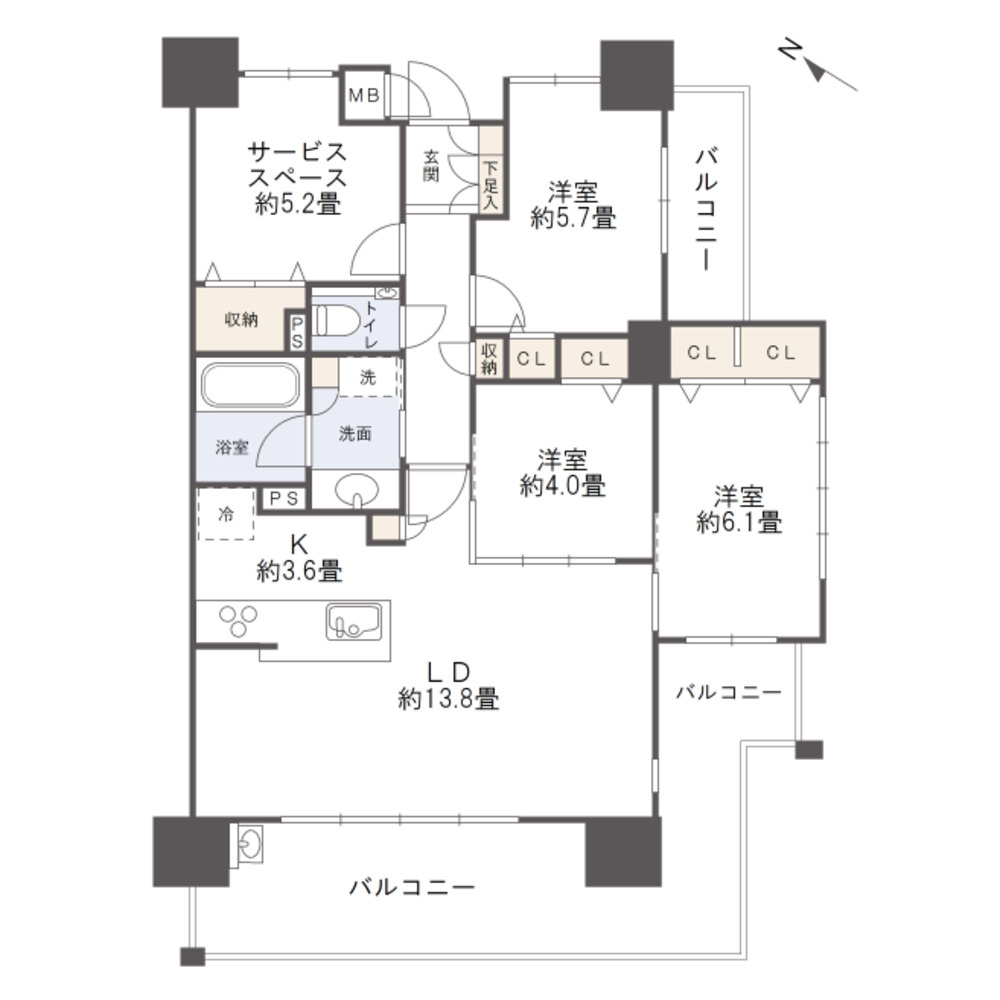 ファボルさい百間川の間取り|3SLDK、専有面積81.47㎡、バルコニー面積25.28㎡