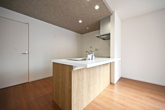 テラシエ食満3丁目新築一戸建て│4LDK+駐車並列2台可のキッチン|キッチン上部は折下天井を採用でデザイン性を向上させています。ダウンライトを4基採用し、作業性を確保。