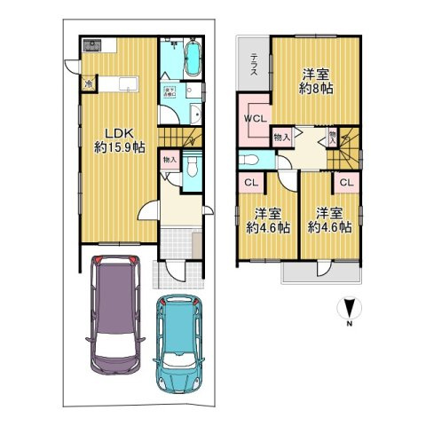 長岡京市井ノ内南内畑の参考プラン|【建物プラン】
建物金額：2072万円（外構費別途）
延床面積：83.06㎡　1階：42.28㎡　2階：40.78㎡