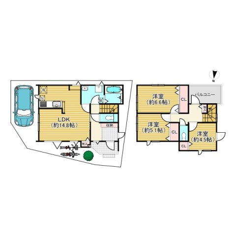 長岡京市井ノ内南内畑の参考プラン|【建物プラン】
建物金額：2138万円（外構費別途）
延床面積：82.46㎡　1階：42.46㎡　2階：40.00㎡