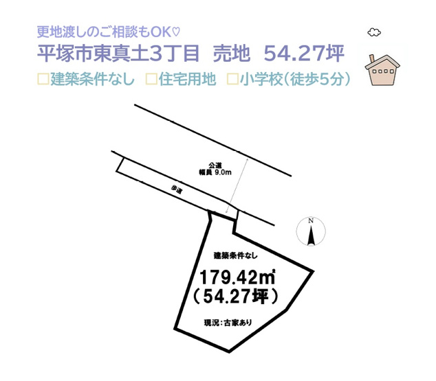 【土地図】 | 二世帯・平屋住居の建築も十分に可能な、圧巻の土地５４坪超え！
商業施設・店舗・事務所兼住宅にもオススメな「建築条件なし」
ぜひ現地ご見学下さい♪