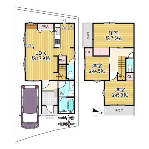 長岡京市井ノ内南内畑の参考プラン|【建物プラン】
建物金額：1445万円（外構費別途）
延床面積：86.66㎡　1階：45.40㎡　2階：41.26㎡