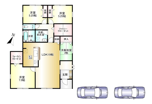 北葛城郡広陵町萱野3期の間取り|4LDK＋WIC　土地面積：261.74㎡　建物面積：96.88㎡　駐車スペース2台