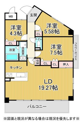 ロワイヤル岡田・手柄山公園　6階の間取り|3LDKです。
