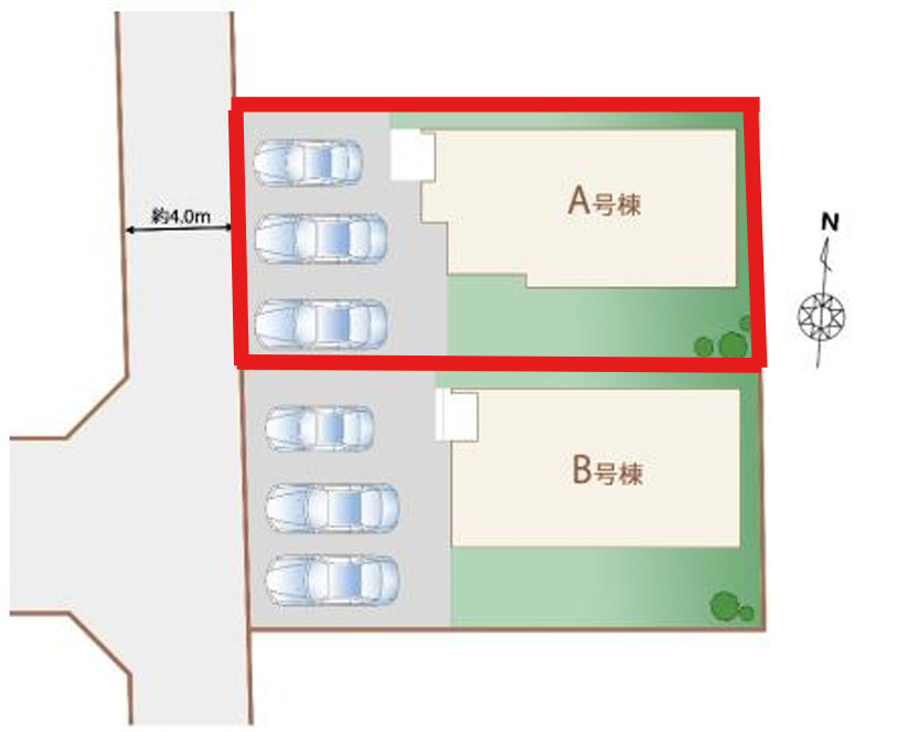 ハートフルタウン岩曽町1428番　A号棟の区画図|A棟　土地面積：165.56㎡（約50.08坪）