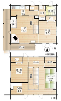 【間取り】 | 手稲区星置１-7 ログハウス一戸建 | ２階ホールにはくつろぎの和スペースやDEN（書斎）スペースあり♪