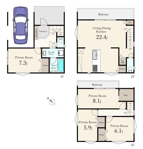 豊島区上池袋3丁目 全2区画 A区画の参考プラン|建物プラン例(A区画参考プラン)4LDK、土地面積73.45㎡、建物価格3000万円、建物面積117.06㎡