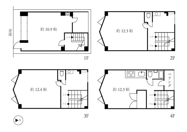 川端丸太町 光が集まる住めるギャラリーの間取り|1~3階はギャラリーに、4階はお住まいに