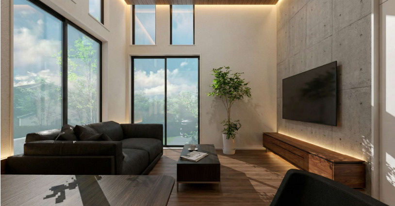 プレスティア昭島　宅地分譲全10区画売地　昭島市宮沢町　4号区　建築条件なしの完成予想図|角地に位置する新築住宅には大きな窓を設けており、室内にたっぷりと自然光が差し込む、明るく開放的な住まいです。