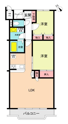 ひたちなか市西大島１丁目の中古マンションの間取り|☆水廻りへの動線がコンパクトな間取りは、柔軟で効率的な家事を行えるのでおすすめです。全居室に収納付。広いリビングは大きな窓があり明るい！アクセントクロスでセンス良く暮らせます♪