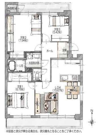 【間取り】 | スコーレ堤 | 角部屋で室内の陽当り良好です。両面にバルコニーがあるので全室窓付きで明るく風通しも良好です