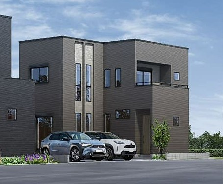 タマタウン朝倉Ⅱ　2号地新築一戸建ての外観パース|縦ラインが美しい、洗練モダンの外観デザイン。駐車2台可能